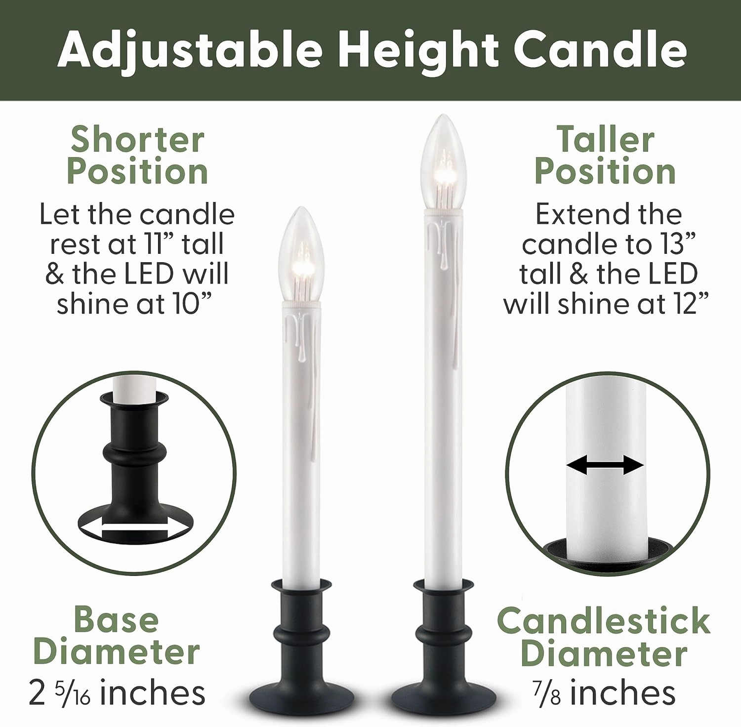 612 Vermont Ultra-Bright LED Window Candles with Timer, Battery Operated, Metal Base, White Candlestick, Adjustable Height (Pack of 4, Polished Brass)