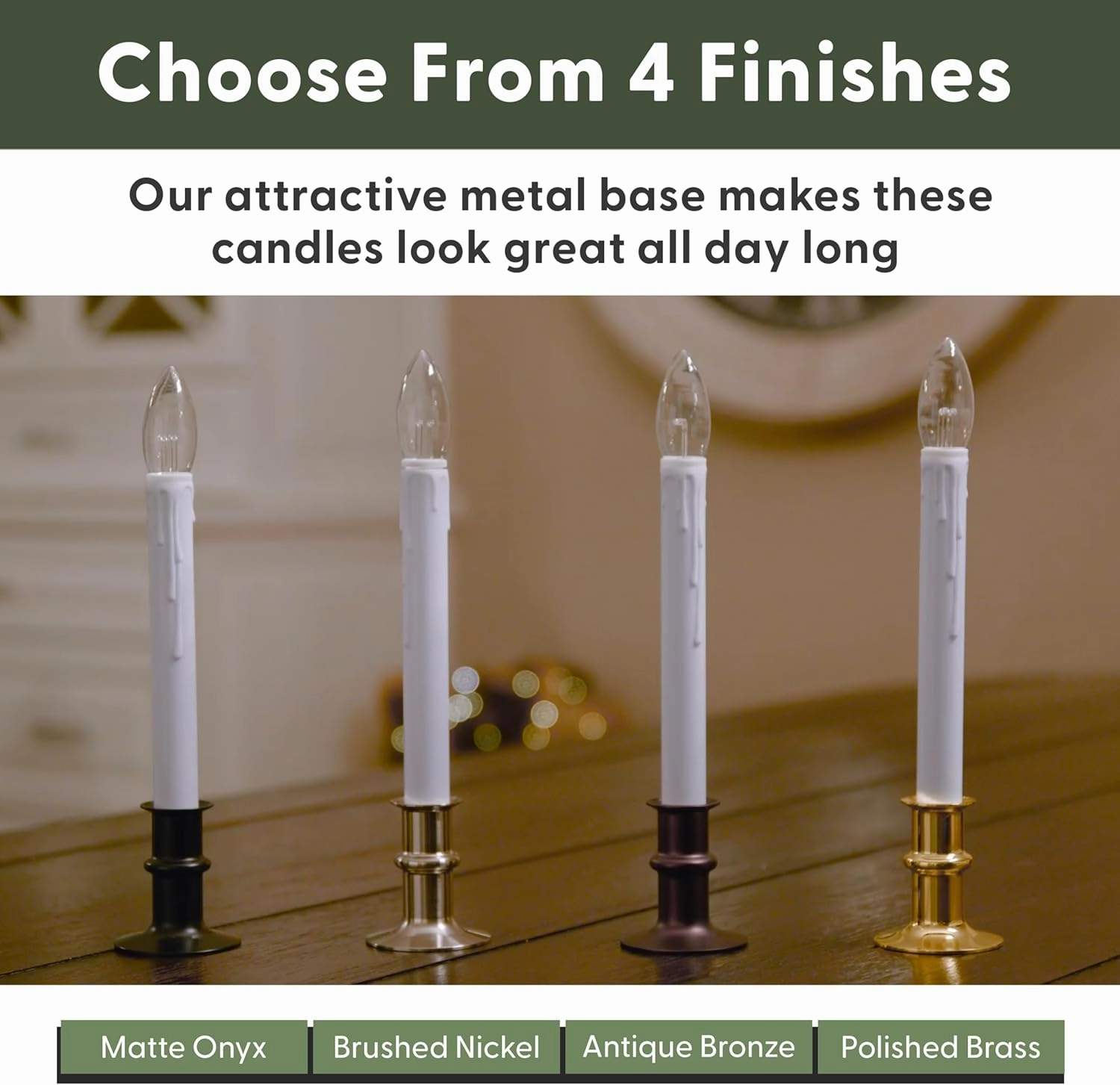 612 Vermont Ultra-Bright LED Window Candles with Timer, Battery Operated, Metal Base, White Candlestick, Adjustable Height (Pack of 4, Polished Brass)