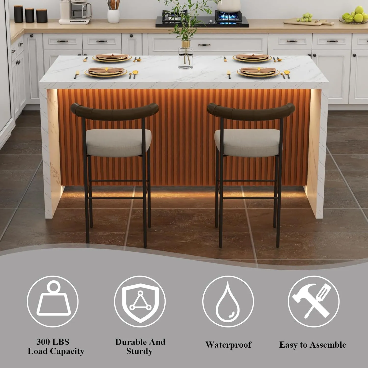 63" Large Imitation Marble Dining Table for 4-6 People, Island Table with LED Lights, Mordern Marble Stripes Kitchen Dining Table with Grille design for Dining Room, Home, Office, Living Room (White)