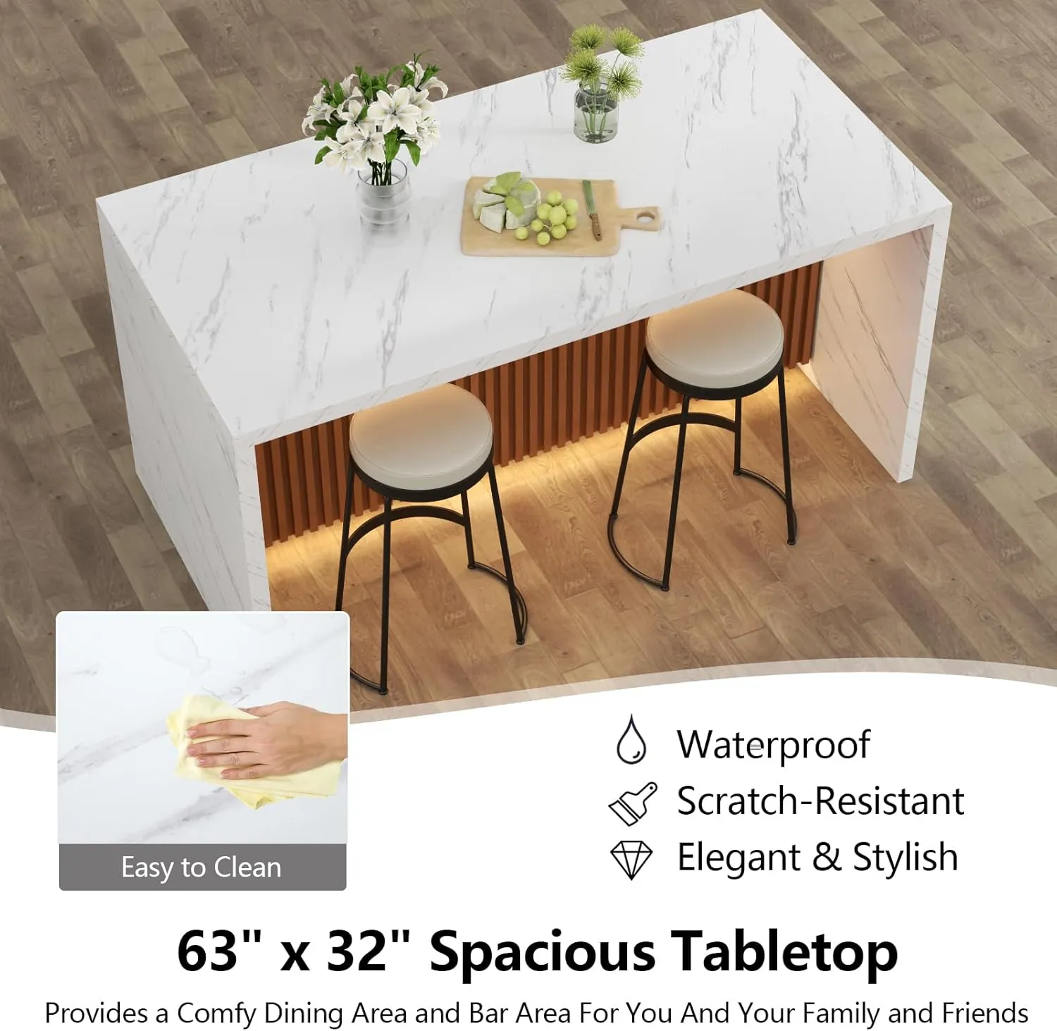 63" Large Imitation Marble Dining Table for 4-6 People, Island Table with LED Lights, Mordern Marble Stripes Kitchen Dining Table with Grille design for Dining Room, Home, Office, Living Room (White)