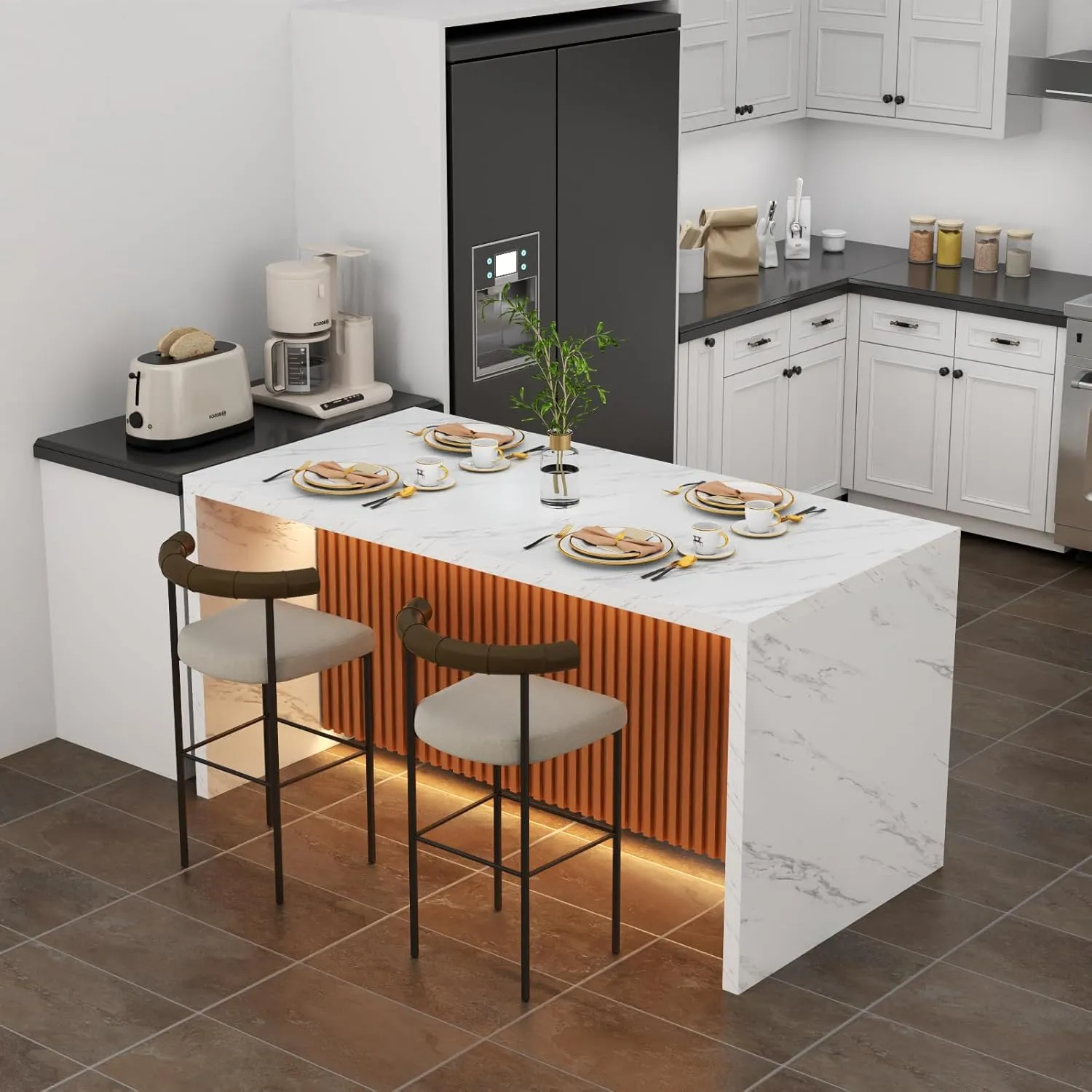 63" Large Imitation Marble Dining Table for 4-6 People, Island Table with LED Lights, Mordern Marble Stripes Kitchen Dining Table with Grille design for Dining Room, Home, Office, Living Room (White)