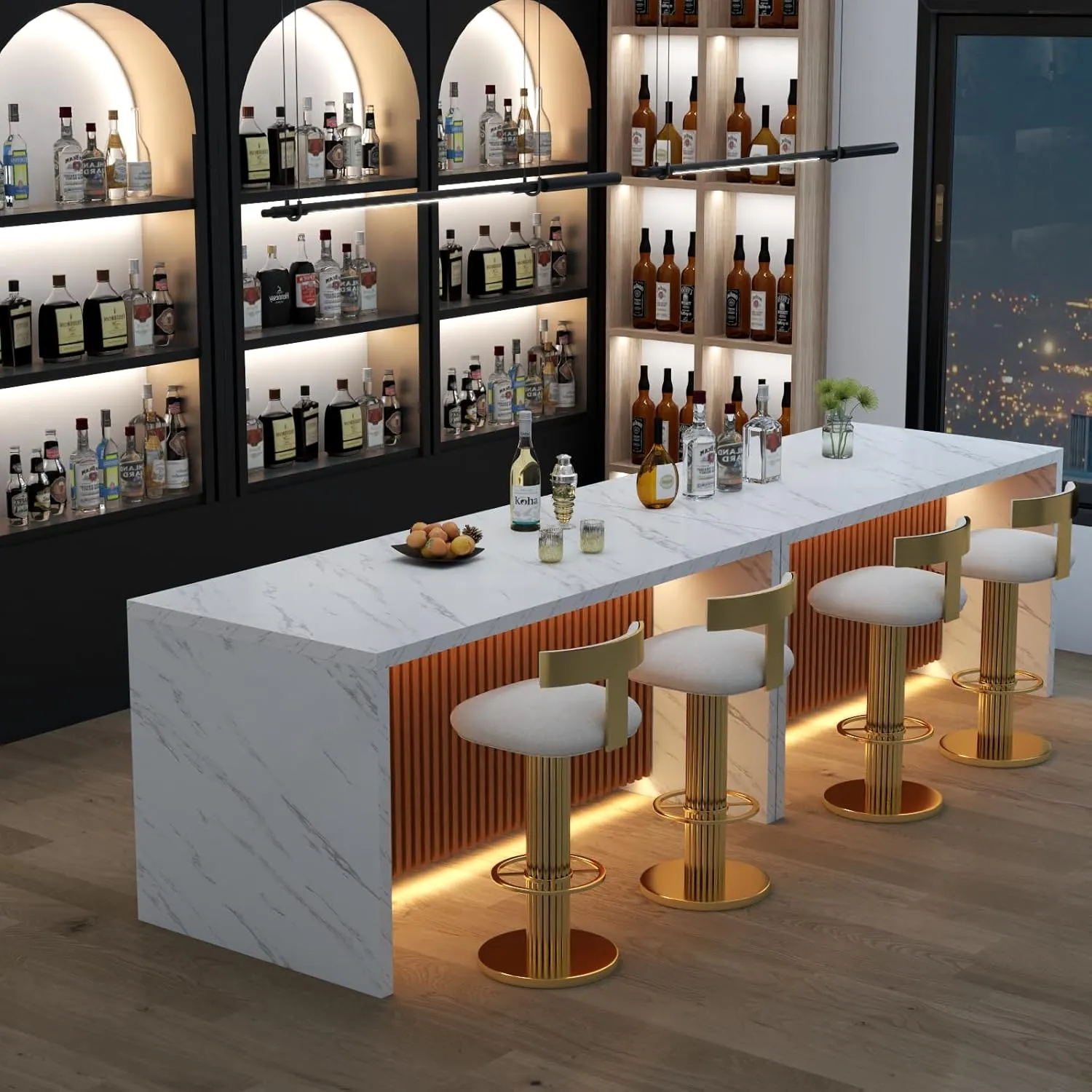 63" Large Imitation Marble Dining Table for 4-6 People, Island Table with LED Lights, Mordern Marble Stripes Kitchen Dining Table with Grille design for Dining Room, Home, Office, Living Room (White)