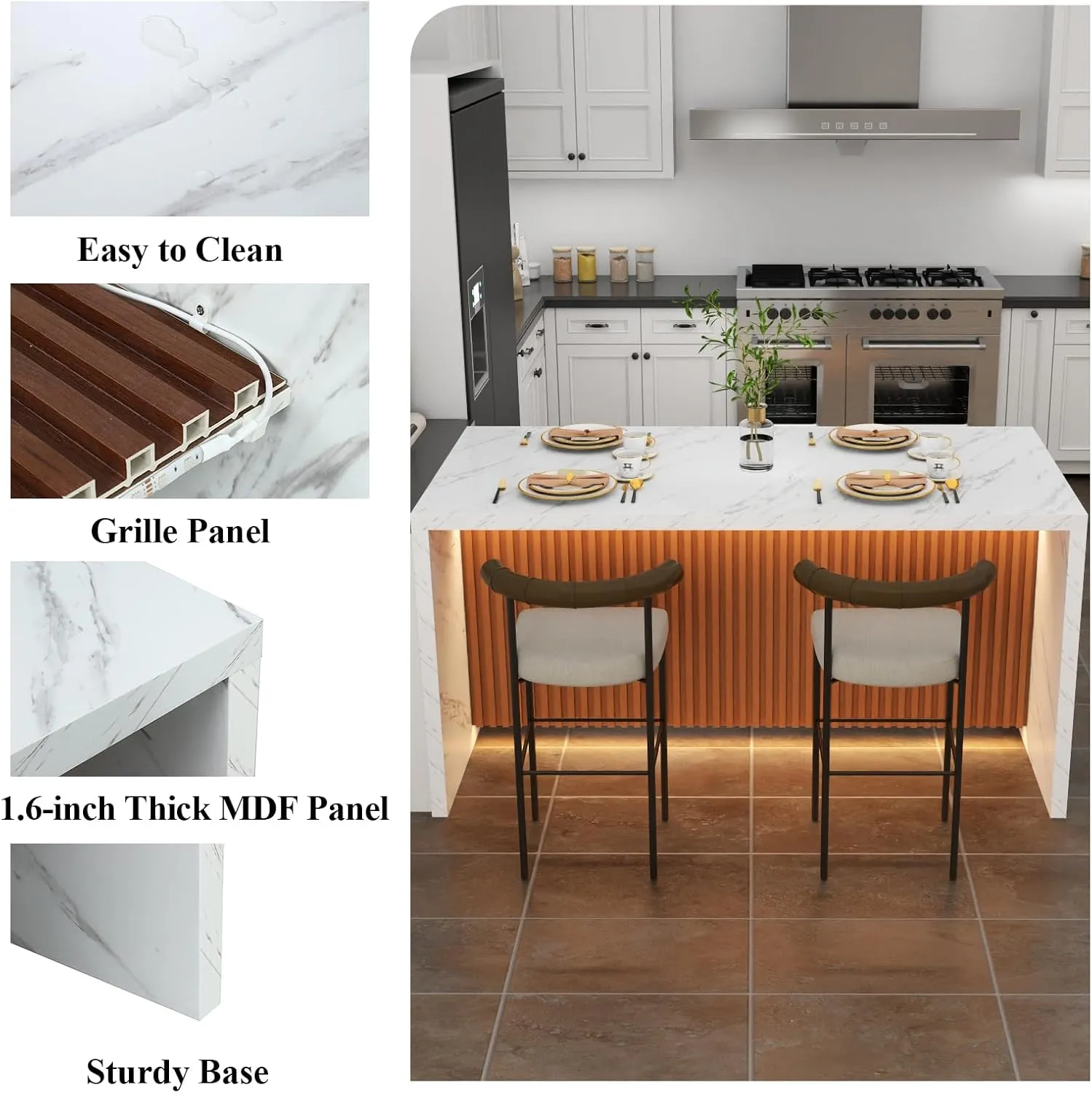 63" Large Imitation Marble Dining Table for 4-6 People, Island Table with LED Lights, Mordern Marble Stripes Kitchen Dining Table with Grille design for Dining Room, Home, Office, Living Room (White)