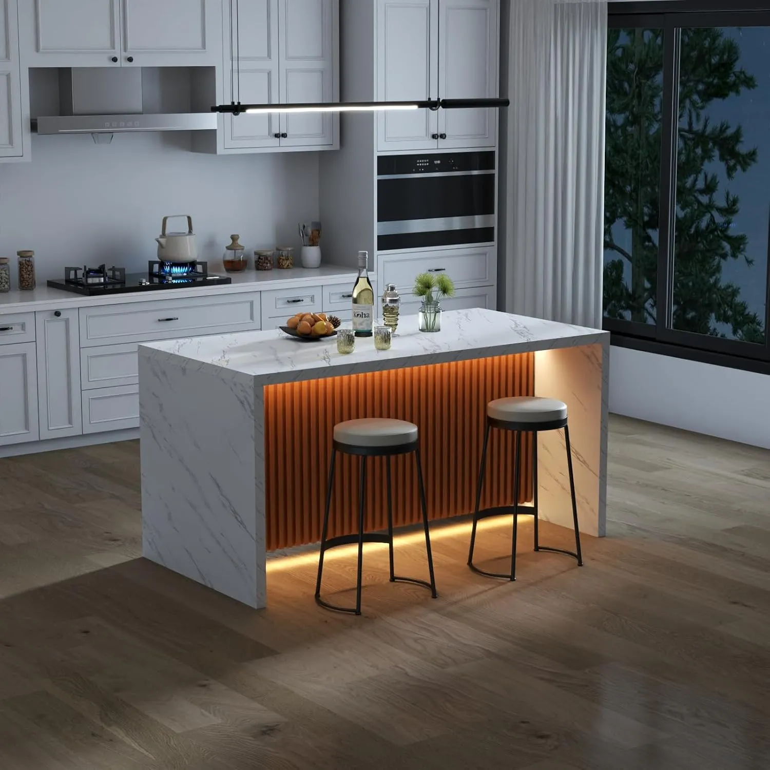 63" Large Imitation Marble Dining Table for 4-6 People, Island Table with LED Lights, Mordern Marble Stripes Kitchen Dining Table with Grille design for Dining Room, Home, Office, Living Room (White)
