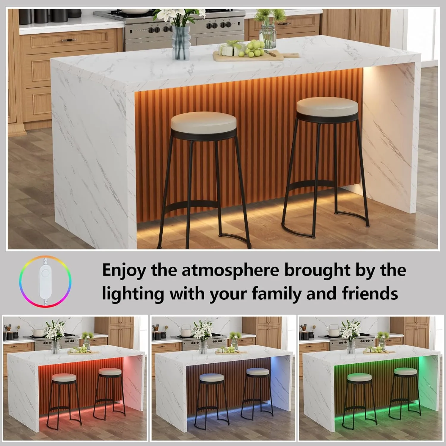 63" Large Imitation Marble Dining Table for 4-6 People, Island Table with LED Lights, Mordern Marble Stripes Kitchen Dining Table with Grille design for Dining Room, Home, Office, Living Room (White)