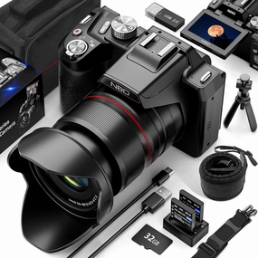 64MP Digital Cameras for Photography, 16X Optical Zoom 5K Cameras with WiFi & App Control, Vlogging for YouTube with 180°Flipable Screen, Auto Focus,2 Batteries,58mm UV Lens and 32GB Card