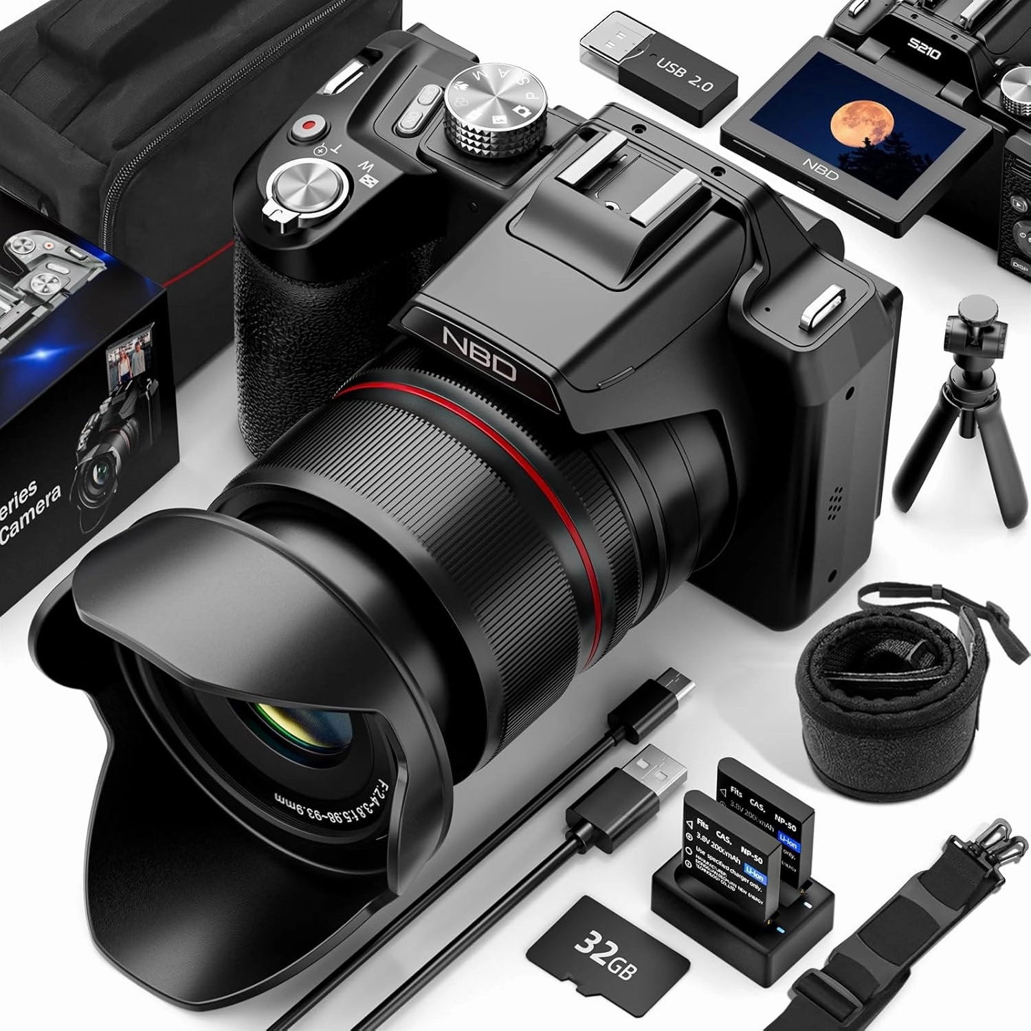 64MP Digital Cameras for Photography, 16X Optical Zoom 5K Cameras with WiFi & App Control, Vlogging for YouTube with 180°Flipable Screen, Auto Focus,2 Batteries,58mm UV Lens and 32GB Card