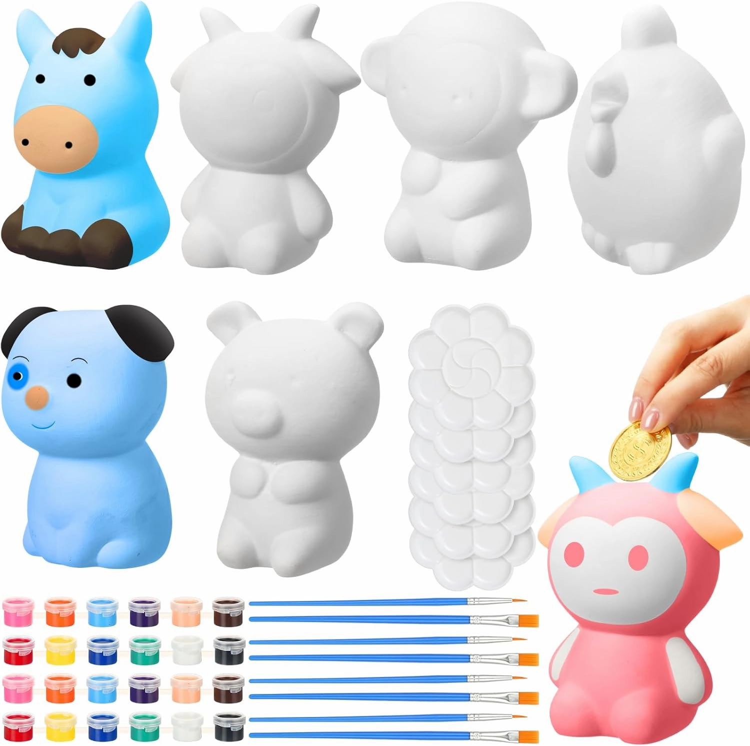 6 Pcs Paint Your Own Ceramic Animal Piggy Bank for Kids Boys Girls Bulk Small DIY Money Coin Bank with Paint Kit for Home Decor Back to School Gifts(Horse, Sheep, Monkey, Chicken, Dog, Pig)