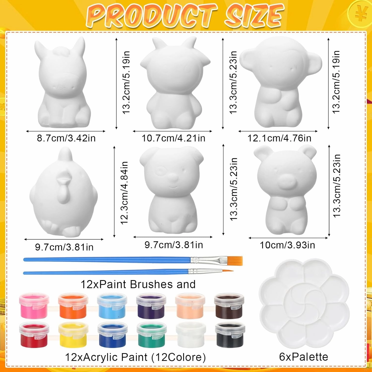 6 Pcs Paint Your Own Ceramic Animal Piggy Bank for Kids Boys Girls Bulk Small DIY Money Coin Bank with Paint Kit for Home Decor Back to School Gifts(Horse, Sheep, Monkey, Chicken, Dog, Pig)