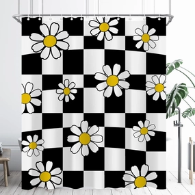 70s Retro Black White Checkered Daisy Shower Curtain 60"X72" Flower Checkerboard Cute Vintage Wavy Funky Shower Curtain Set for Bathroom Plaid Bathtub Curtain Decor Groovy Bathroom Curtain