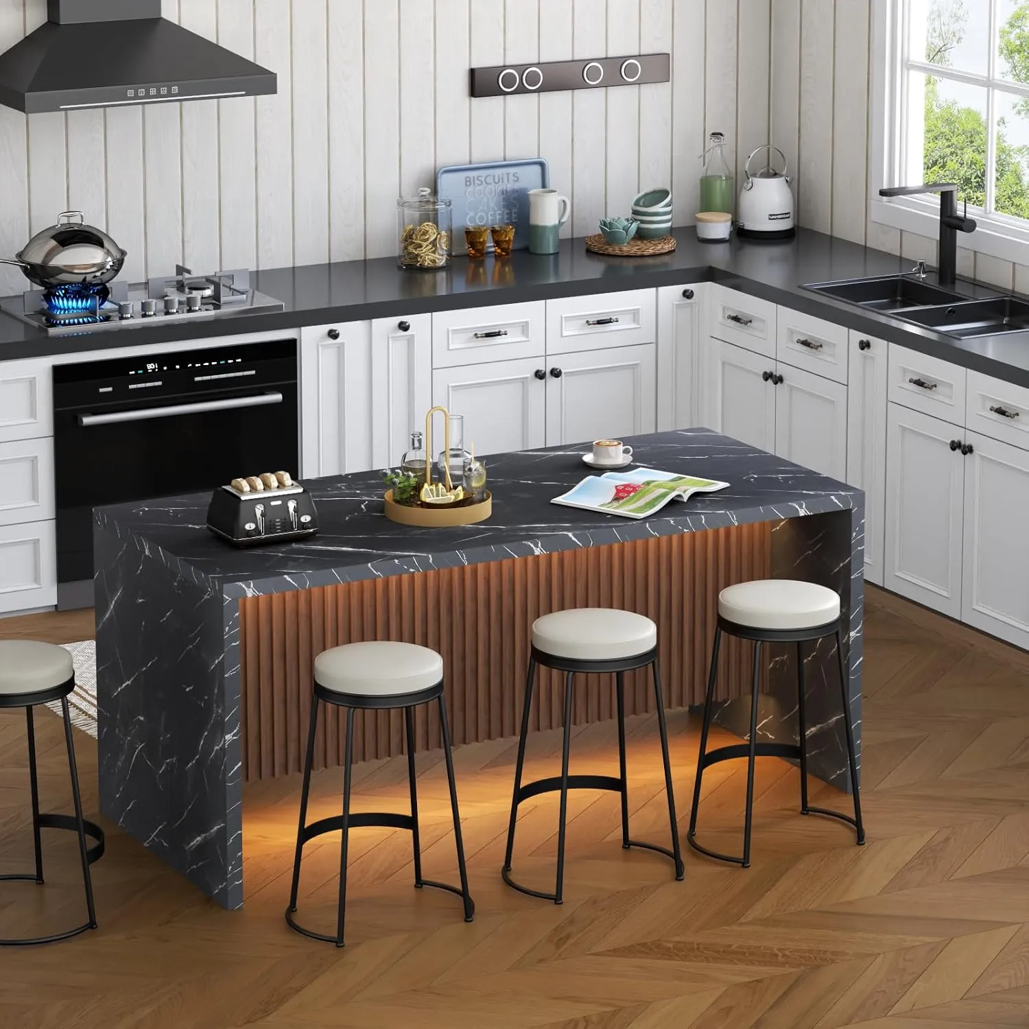71" Large Imitation Marble Dining Table for 4-6 People, Island Table with LED Lights, Mordern Marble Stripes Kitchen Dining Table with Grille design for Dining Room, Home, Living Room (black)