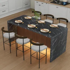 71" Large Imitation Marble Dining Table for 4-6 People, Island Table with LED Lights, Mordern Marble Stripes Kitchen Dining Table with Grille design for Dining Room, Home, Living Room (black)