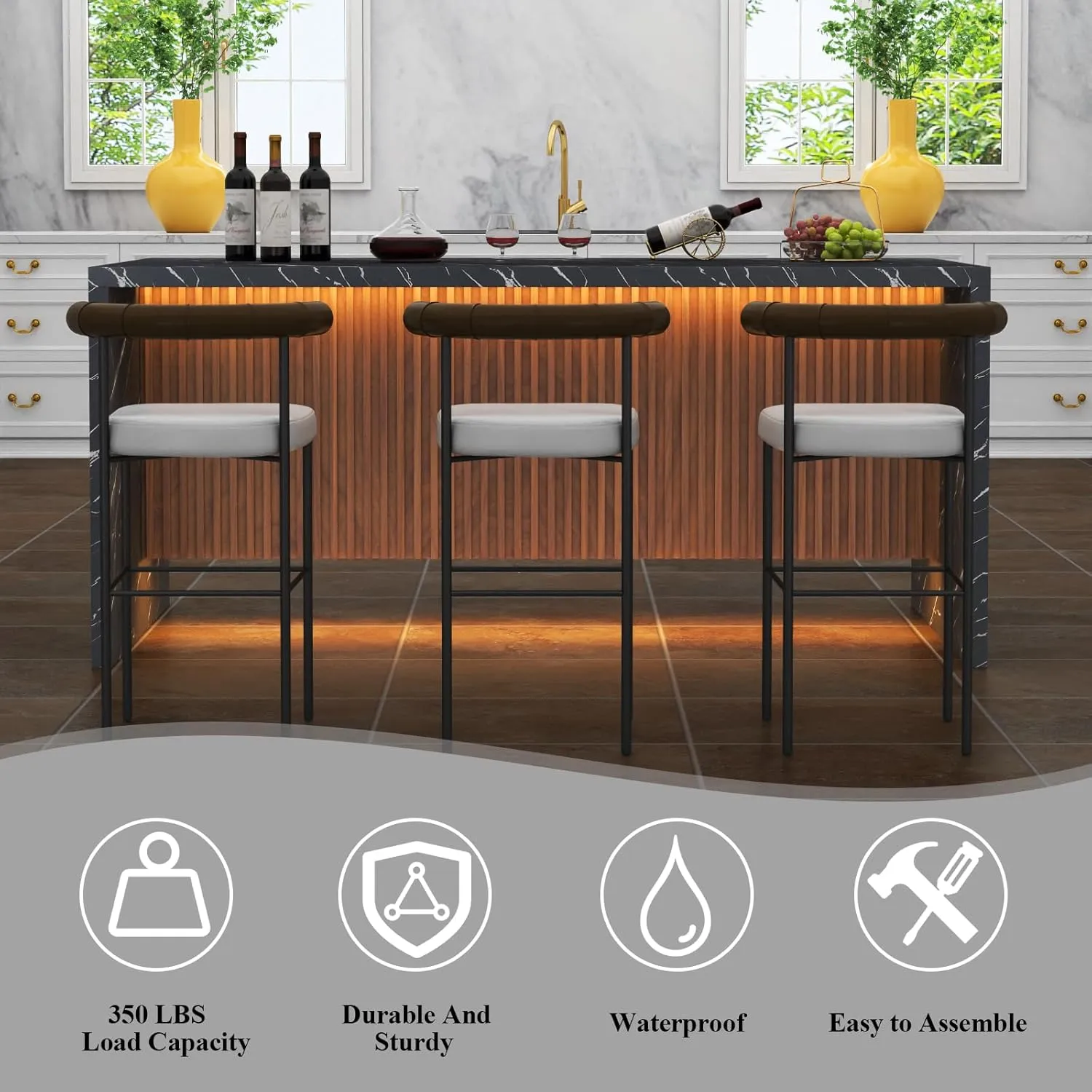 71" Large Imitation Marble Dining Table for 4-6 People, Island Table with LED Lights, Mordern Marble Stripes Kitchen Dining Table with Grille design for Dining Room, Home, Living Room (black)