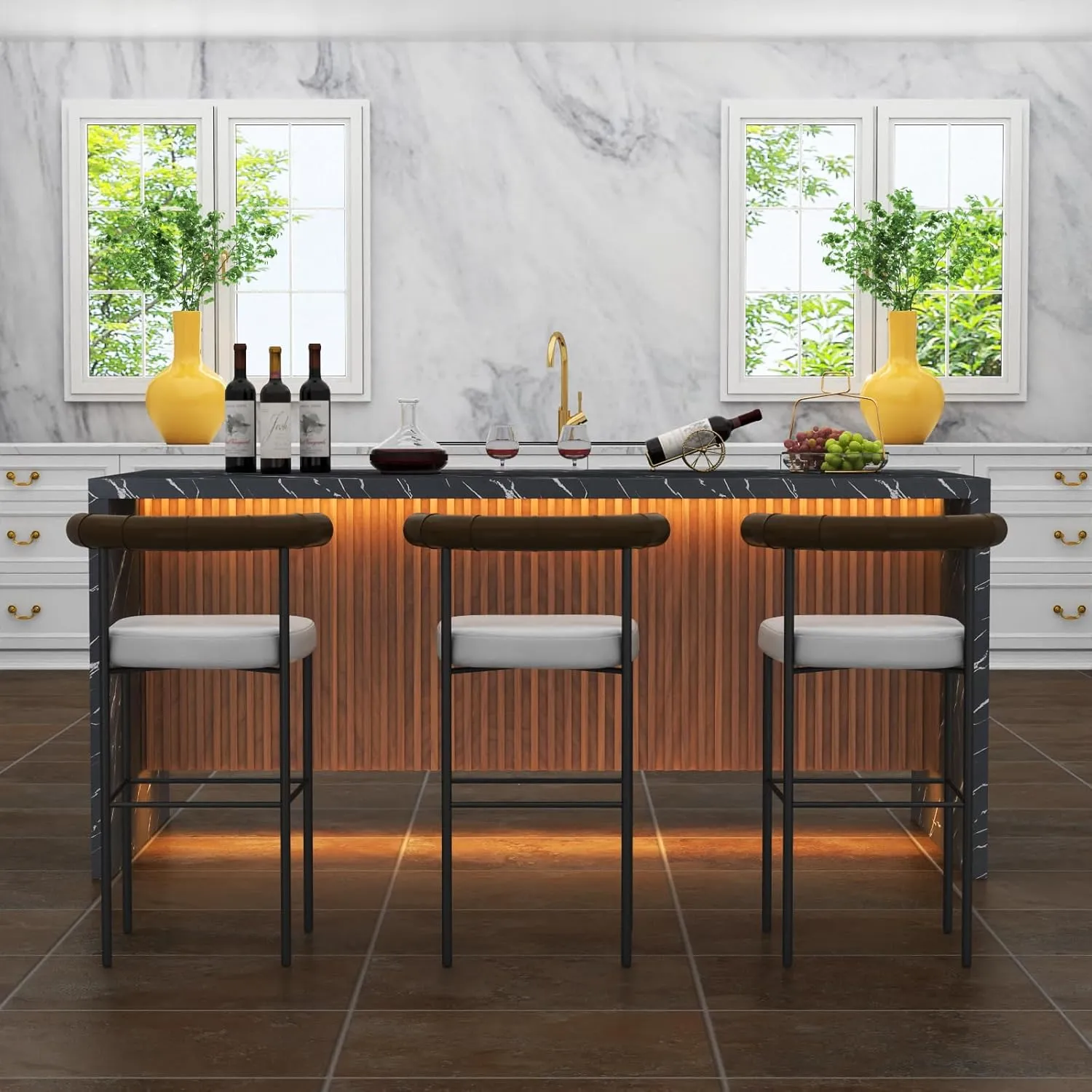 71" Large Imitation Marble Dining Table for 4-6 People, Island Table with LED Lights, Mordern Marble Stripes Kitchen Dining Table with Grille design for Dining Room, Home, Living Room (black)