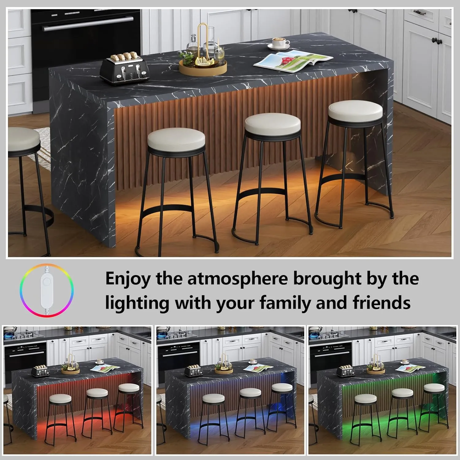 71" Large Imitation Marble Dining Table for 4-6 People, Island Table with LED Lights, Mordern Marble Stripes Kitchen Dining Table with Grille design for Dining Room, Home, Living Room (black)