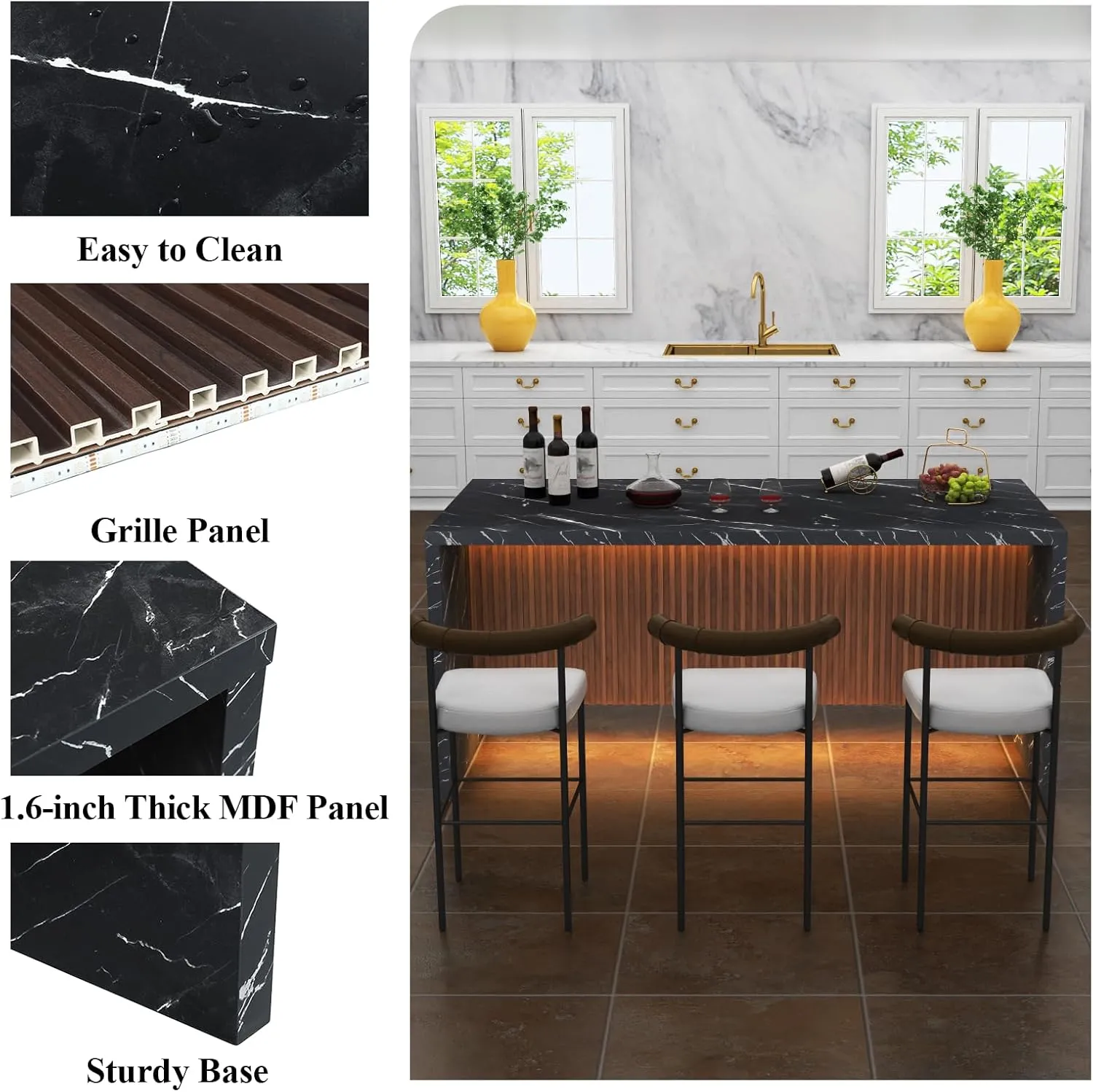 71" Large Imitation Marble Dining Table for 4-6 People, Island Table with LED Lights, Mordern Marble Stripes Kitchen Dining Table with Grille design for Dining Room, Home, Living Room (black)
