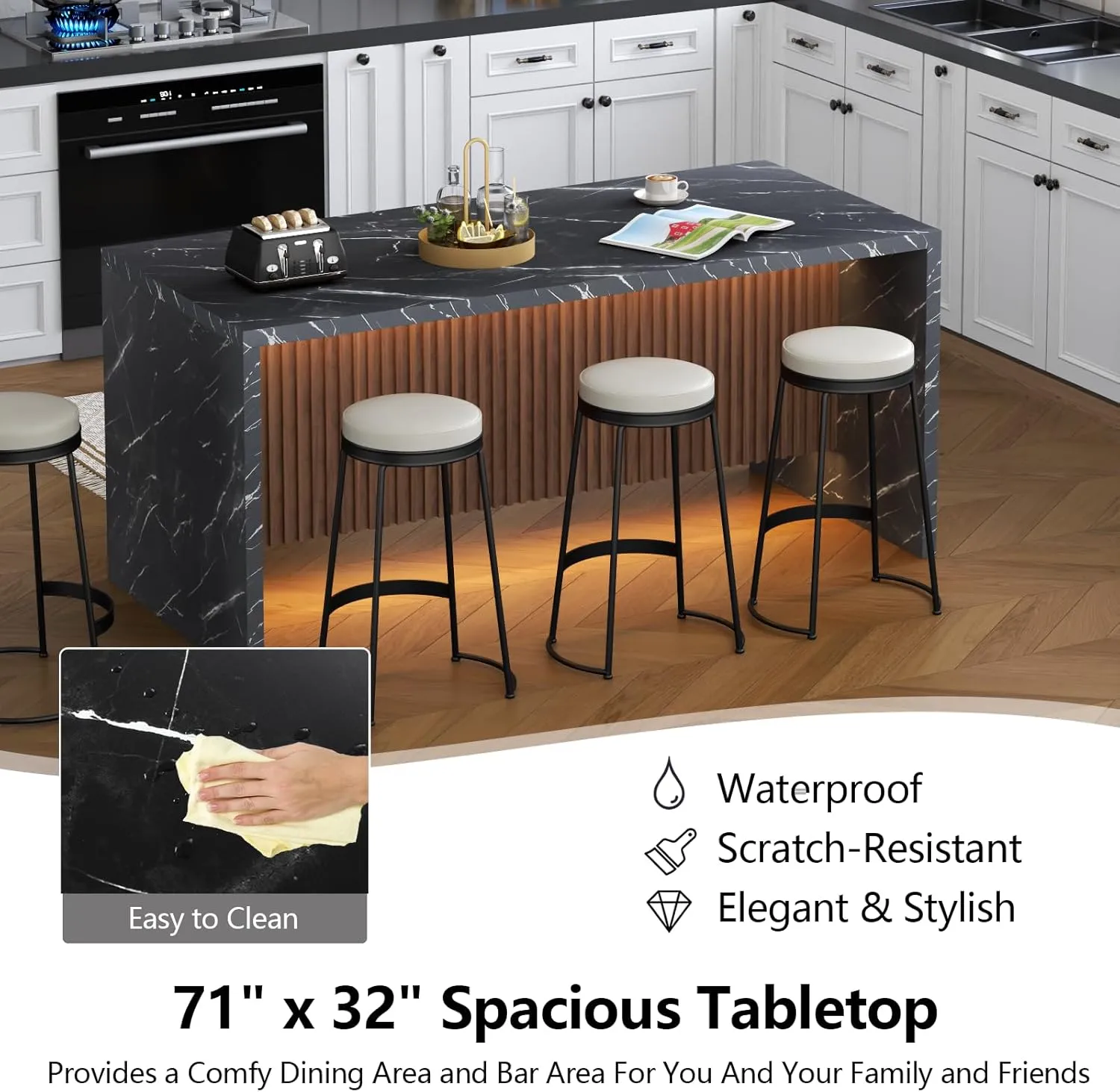 71" Large Imitation Marble Dining Table for 4-6 People, Island Table with LED Lights, Mordern Marble Stripes Kitchen Dining Table with Grille design for Dining Room, Home, Living Room (black)