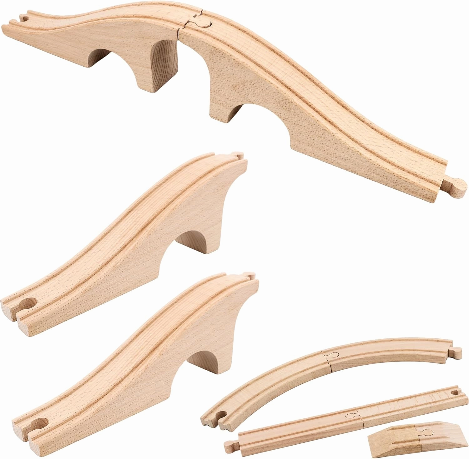 7 Pack Wooden Train Track Expansion Wood Train Bridge Pieces Wooden Tracks Accessories Compatible with Railroad Railway Train Track Connectors Set