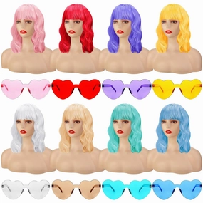 8 Set Colored Wig for Bachelorette Party Short Curly Wavy Wig Bulk and Heart Sunglass Set for Women Halloween Cosplay Wedding Neon Birthday Party Favor