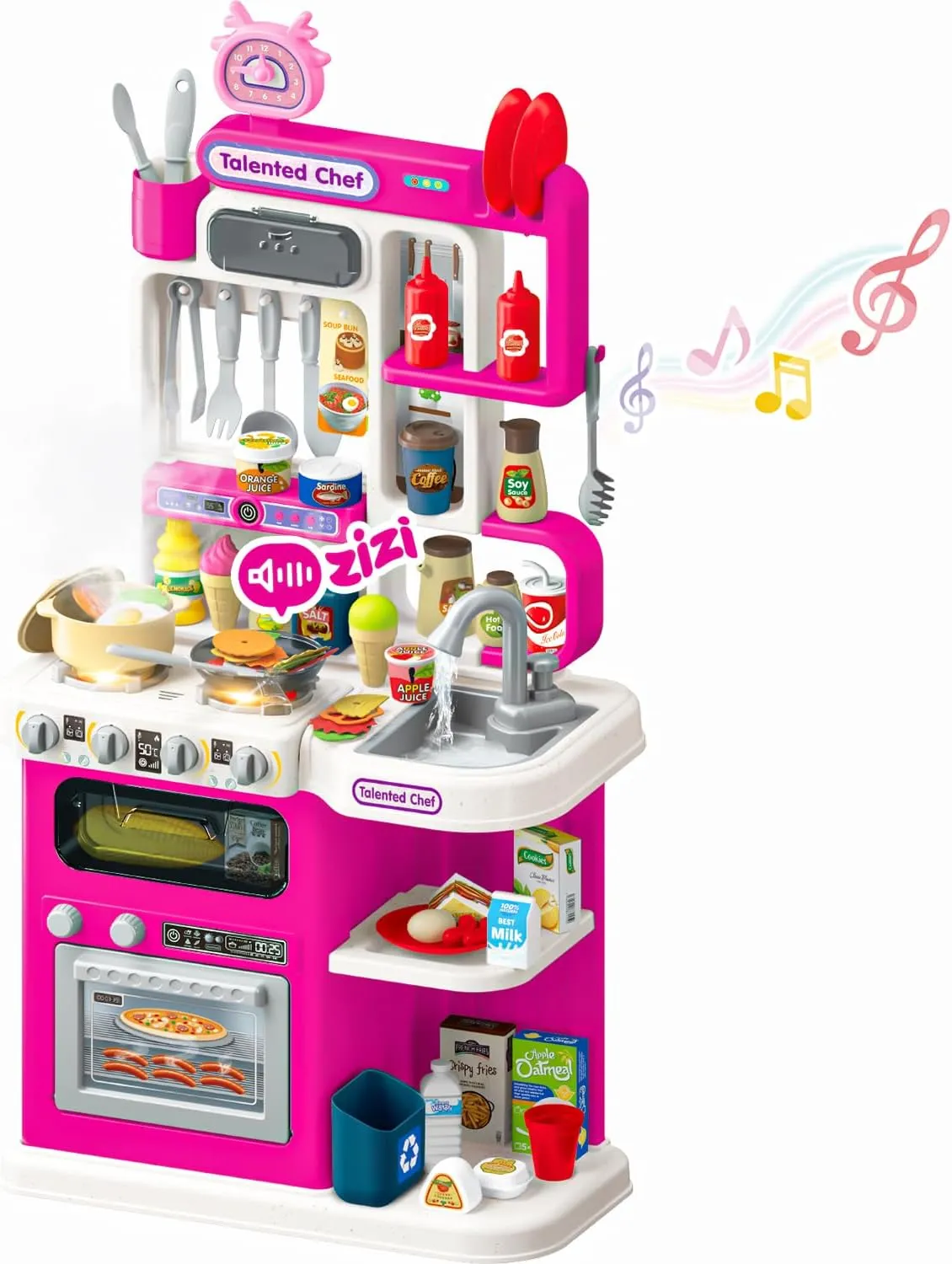 96PCS Kids Play Kitchen with Sound & Light, Cooking Stove with Steam, Play Food Toy Set for Boys and Girls (Pink)