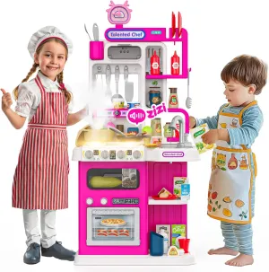 96PCS Kids Play Kitchen with Sound & Light, Cooking Stove with Steam, Play Food Toy Set for Boys and Girls (Pink)