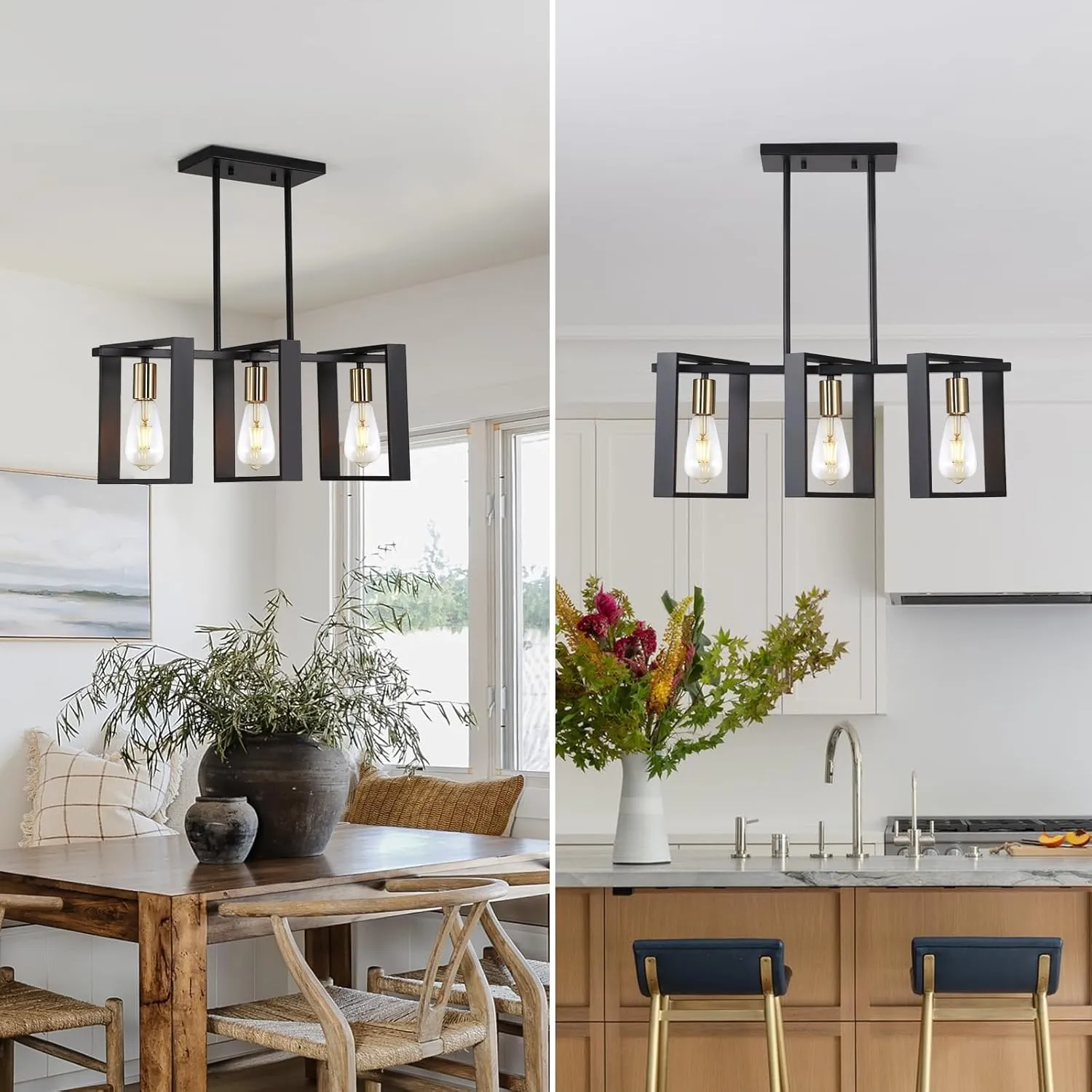 9MMML 3 Lights Kitchen Island Lighting, Modern Rectangle Linear Pendant Light, Black Frame  Gold Socket Chandelier for Dining &Living Room Foyer Entryway Hallway,E26,Height Adjustable.