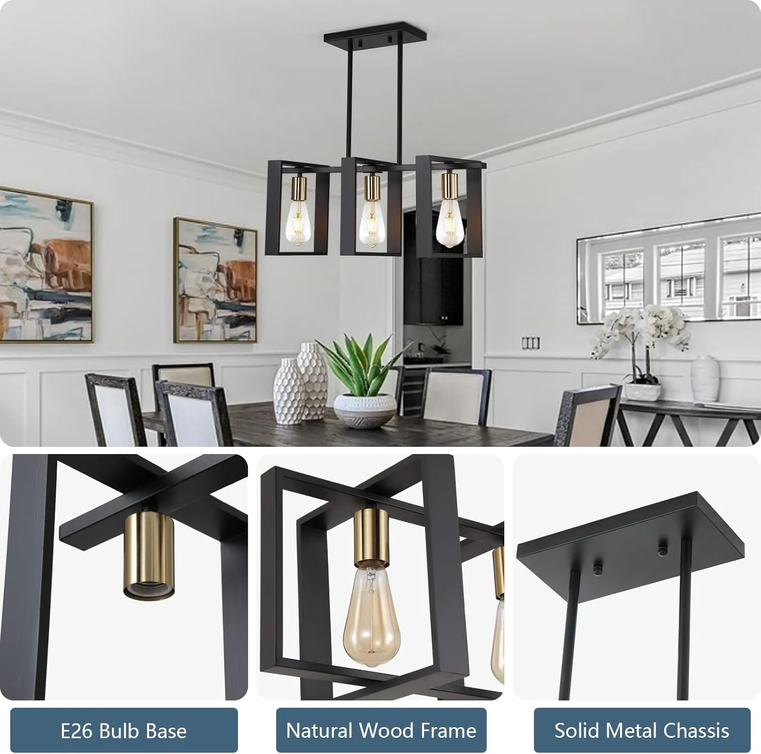 9MMML 3 Lights Kitchen Island Lighting, Modern Rectangle Linear Pendant Light, Black Frame  Gold Socket Chandelier for Dining &Living Room Foyer Entryway Hallway,E26,Height Adjustable.