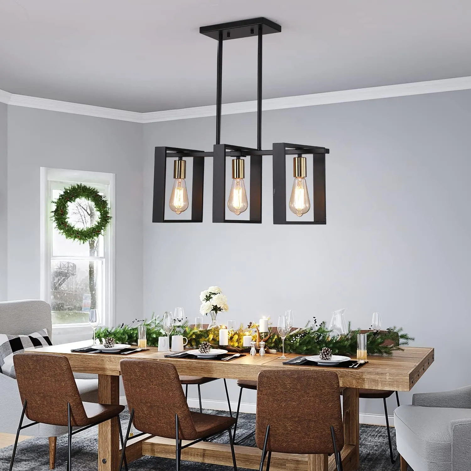 9MMML 3 Lights Kitchen Island Lighting, Modern Rectangle Linear Pendant Light, Black Frame  Gold Socket Chandelier for Dining &Living Room Foyer Entryway Hallway,E26,Height Adjustable.