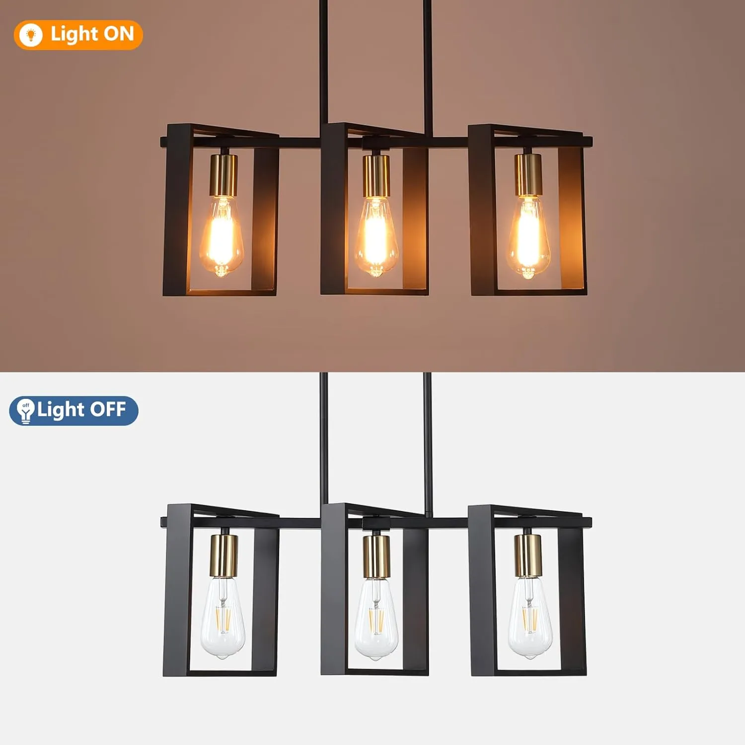 9MMML 3 Lights Kitchen Island Lighting, Modern Rectangle Linear Pendant Light, Black Frame  Gold Socket Chandelier for Dining &Living Room Foyer Entryway Hallway,E26,Height Adjustable.