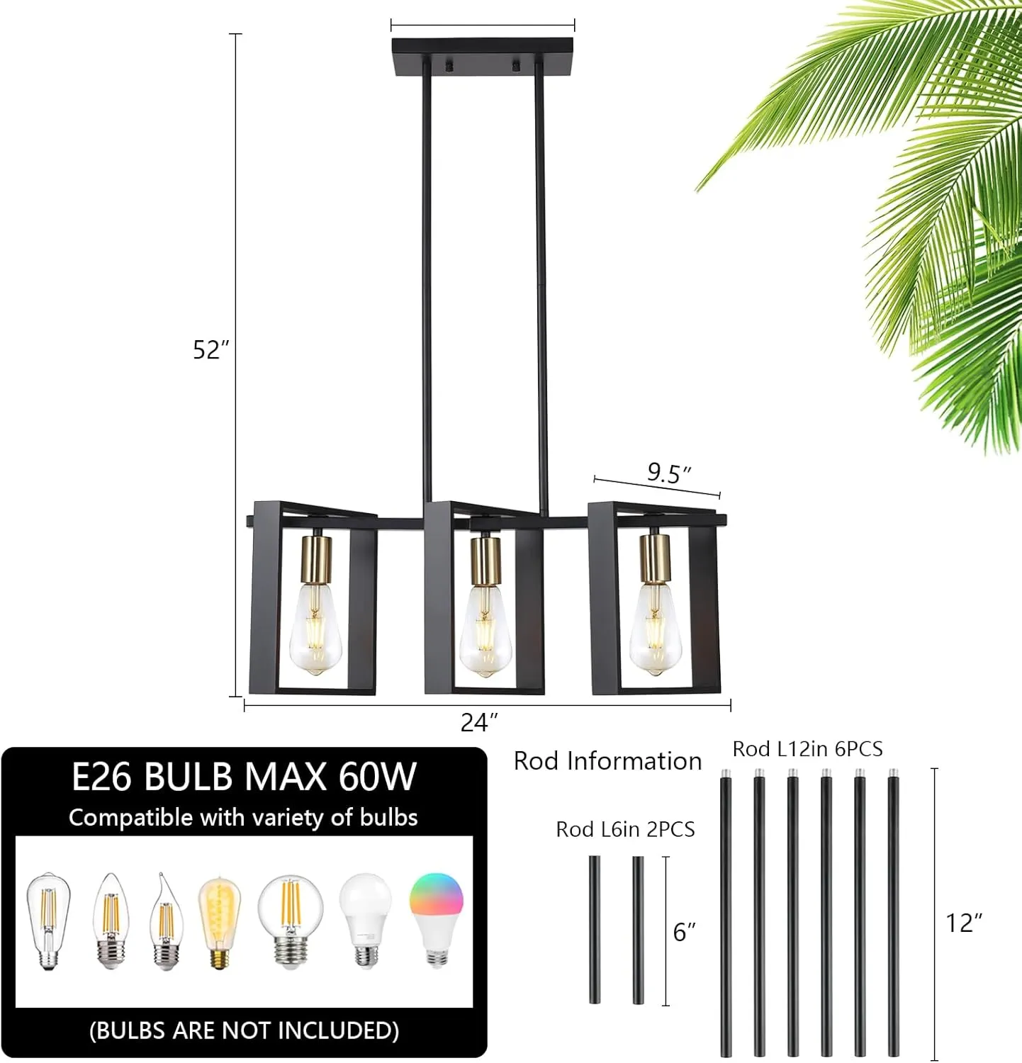 9MMML 3 Lights Kitchen Island Lighting, Modern Rectangle Linear Pendant Light, Black Frame  Gold Socket Chandelier for Dining &Living Room Foyer Entryway Hallway,E26,Height Adjustable.