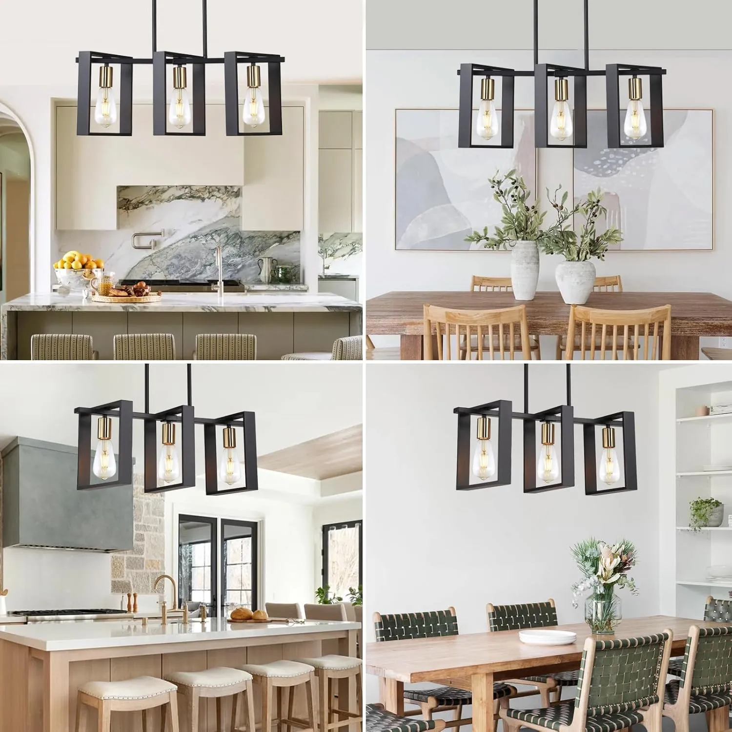 9MMML 3 Lights Kitchen Island Lighting, Modern Rectangle Linear Pendant Light, Black Frame  Gold Socket Chandelier for Dining &Living Room Foyer Entryway Hallway,E26,Height Adjustable.