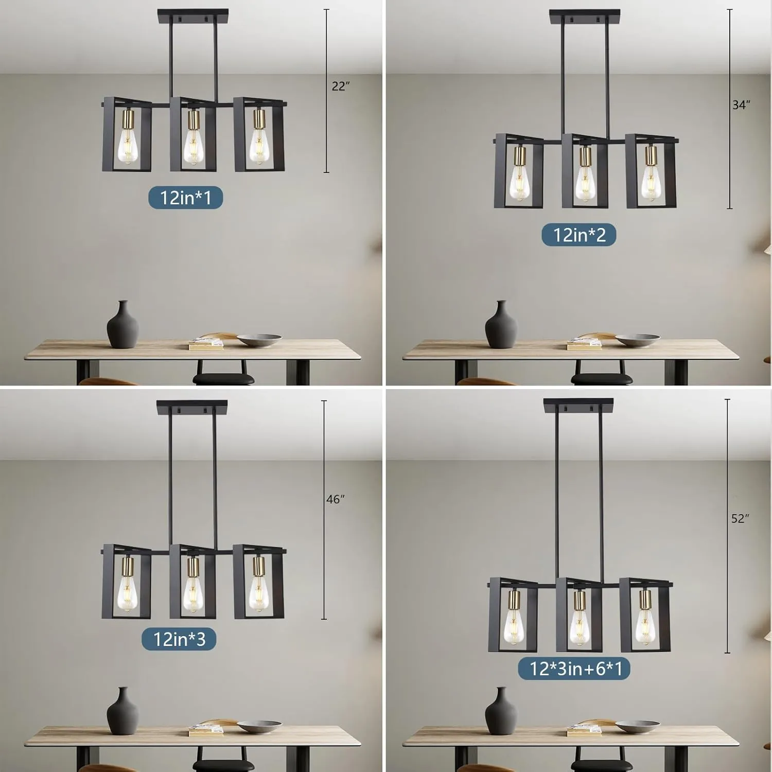 9MMML 3 Lights Kitchen Island Lighting, Modern Rectangle Linear Pendant Light, Black Frame  Gold Socket Chandelier for Dining &Living Room Foyer Entryway Hallway,E26,Height Adjustable.