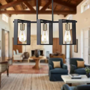 9MMML 3 Lights Kitchen Island Lighting, Modern Rectangle Linear Pendant Light, Black Frame  Gold Socket Chandelier for Dining &Living Room Foyer Entryway Hallway,E26,Height Adjustable.