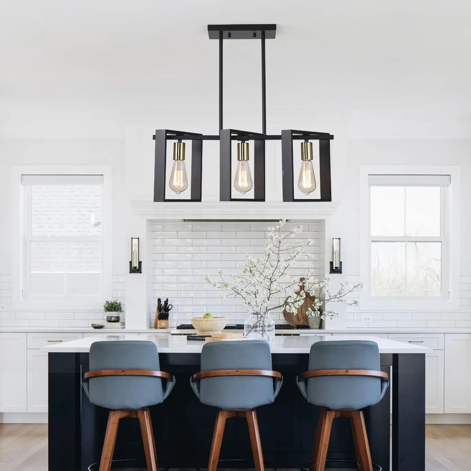 9MMML 3 Lights Kitchen Island Lighting, Modern Rectangle Linear Pendant Light, Black Frame  Gold Socket Chandelier for Dining &Living Room Foyer Entryway Hallway,E26,Height Adjustable.