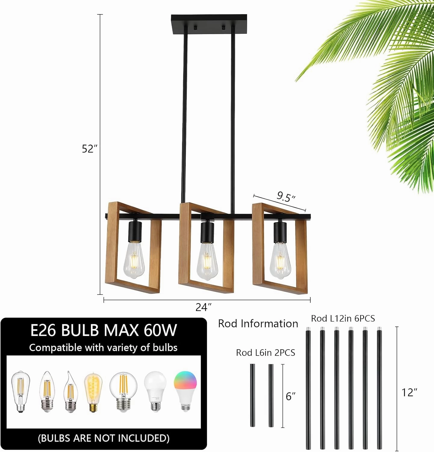 9MMML 3 Lights Kitchen Island Lighting, Black 3 Lights Dining Room Chandelier,Wood Frame Pendant Light for Living Room Foyer Entryway Hallway,E26
