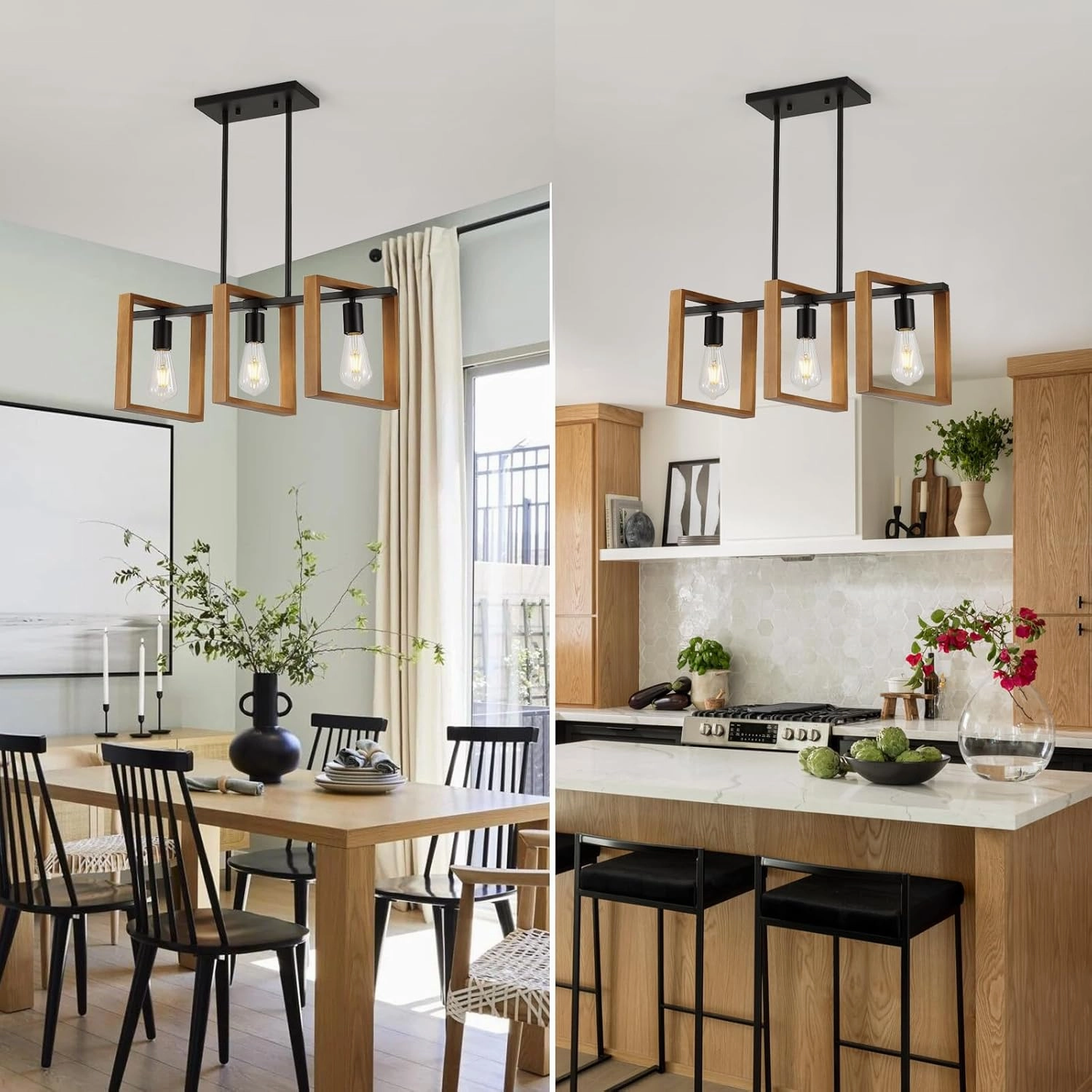 9MMML 3 Lights Kitchen Island Lighting, Black 3 Lights Dining Room Chandelier,Wood Frame Pendant Light for Living Room Foyer Entryway Hallway,E26