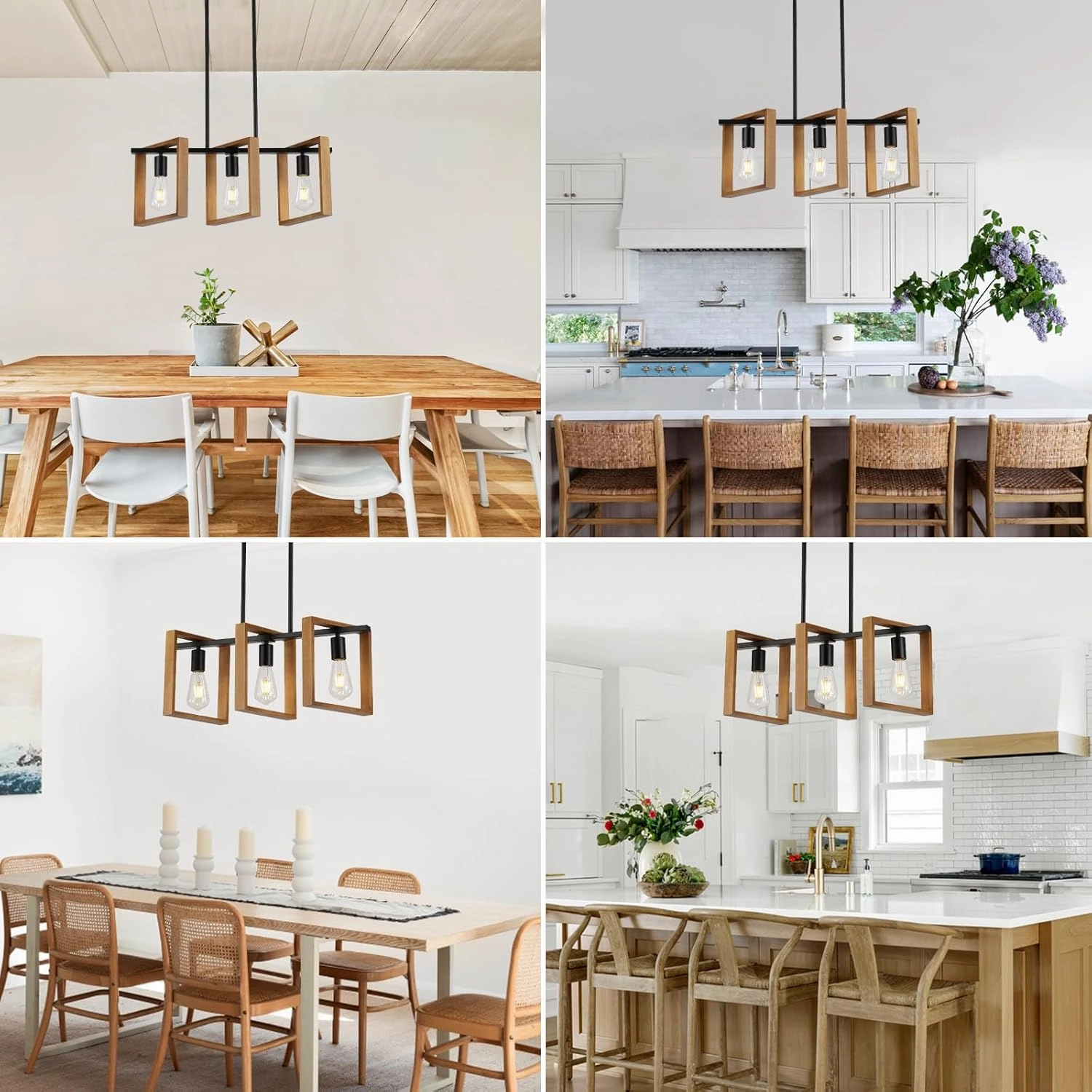 9MMML 3 Lights Kitchen Island Lighting, Black 3 Lights Dining Room Chandelier,Wood Frame Pendant Light for Living Room Foyer Entryway Hallway,E26
