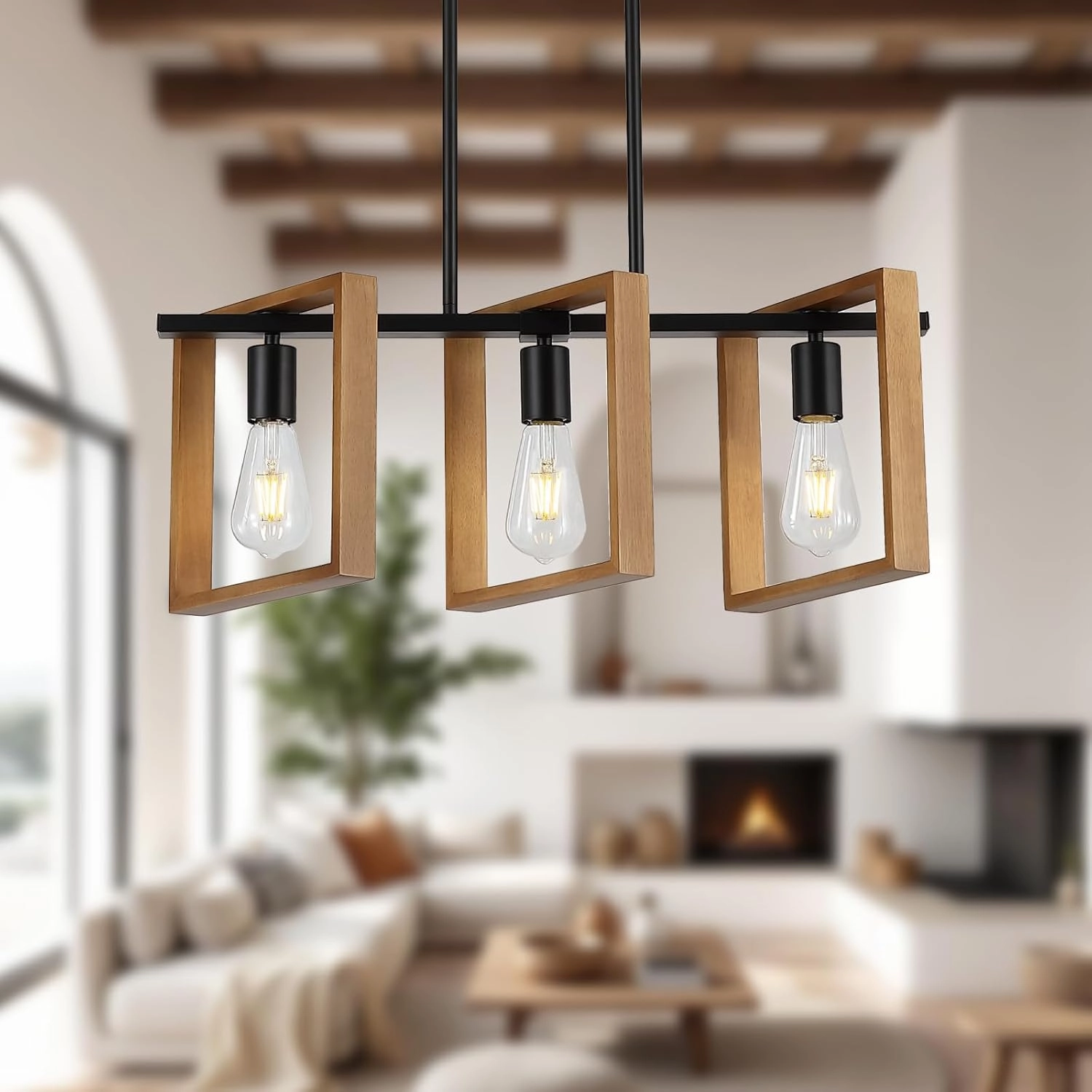 9MMML 3 Lights Kitchen Island Lighting, Black 3 Lights Dining Room Chandelier,Wood Frame Pendant Light for Living Room Foyer Entryway Hallway,E26