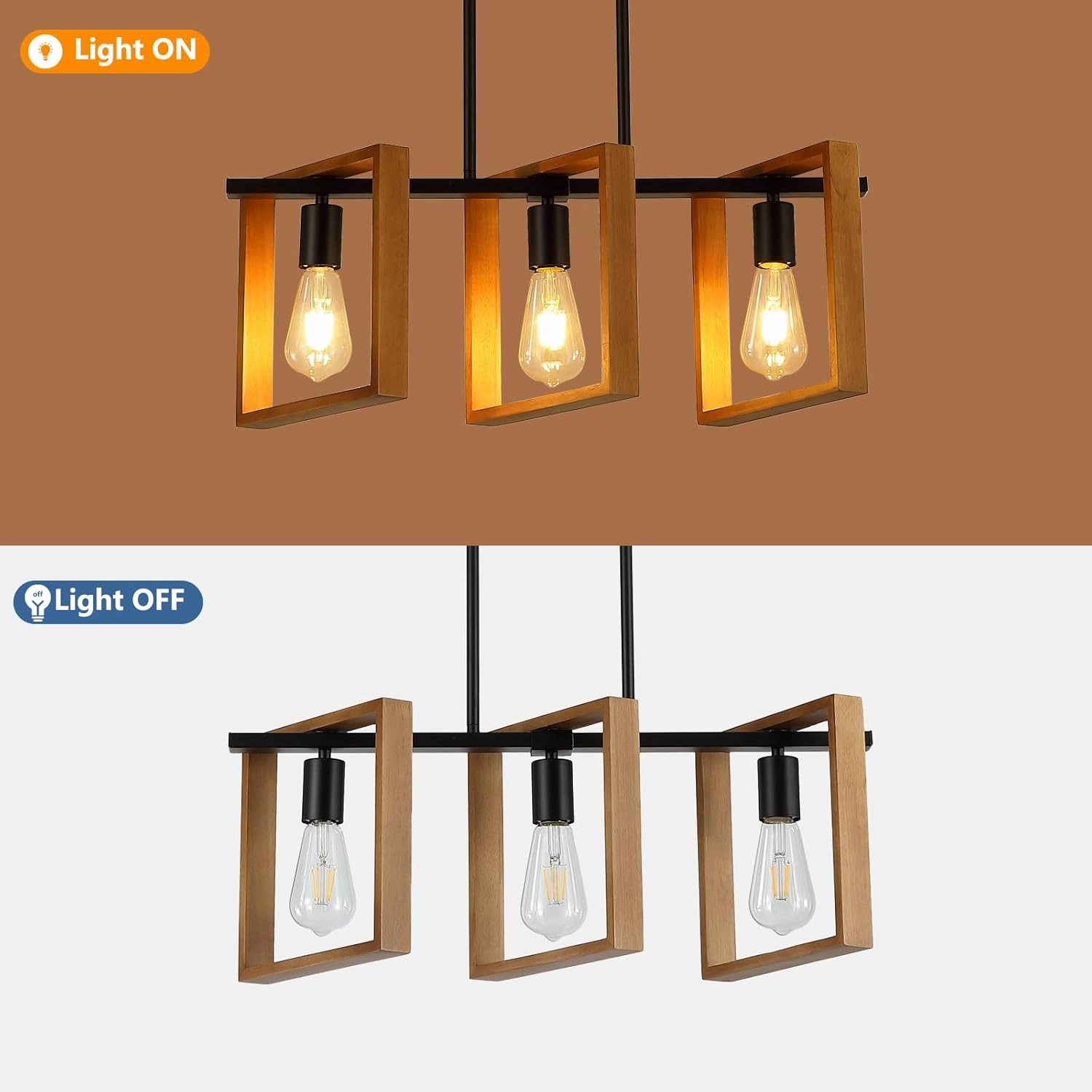 9MMML 3 Lights Kitchen Island Lighting, Black 3 Lights Dining Room Chandelier,Wood Frame Pendant Light for Living Room Foyer Entryway Hallway,E26