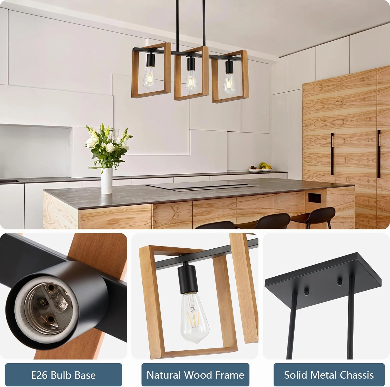 9MMML 3 Lights Kitchen Island Lighting, Black 3 Lights Dining Room Chandelier,Wood Frame Pendant Light for Living Room Foyer Entryway Hallway,E26
