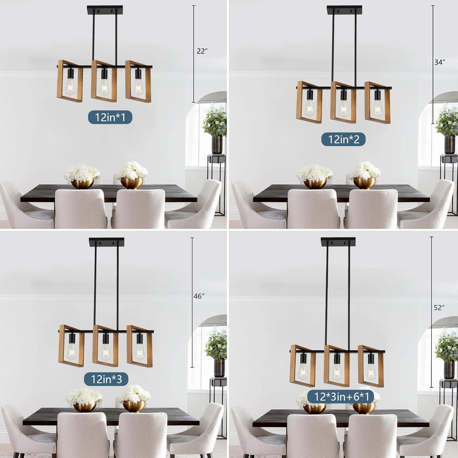 9MMML 3 Lights Kitchen Island Lighting, Black 3 Lights Dining Room Chandelier,Wood Frame Pendant Light for Living Room Foyer Entryway Hallway,E26