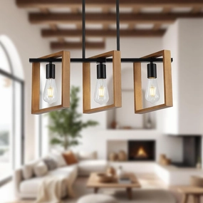 9MMML 3 Lights Kitchen Island Lighting, Black 3 Lights Dining Room Chandelier,Wood Frame Pendant Light for Living Room Foyer Entryway Hallway,E26