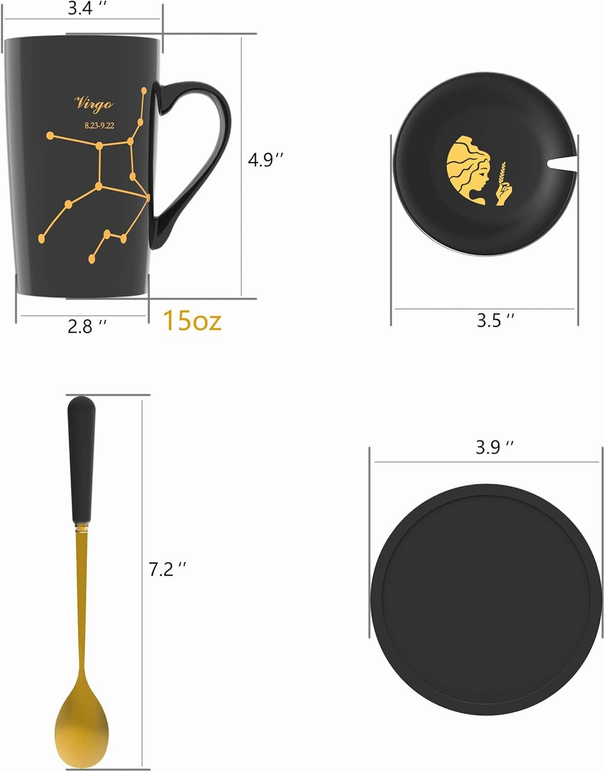 -15oz Virgo Birthday Gift Ceramic Creative Constellation Zodiac Coffee Mug Set Capacity Upgrade Tea Cup for Cocoa Water Milk Juice (Virgo-Black Gold)