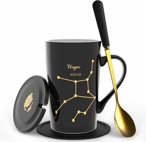 -15oz Virgo Birthday Gift Ceramic Creative Constellation Zodiac Coffee Mug Set Capacity Upgrade Tea Cup for Cocoa Water Milk Juice (Virgo-Black Gold)