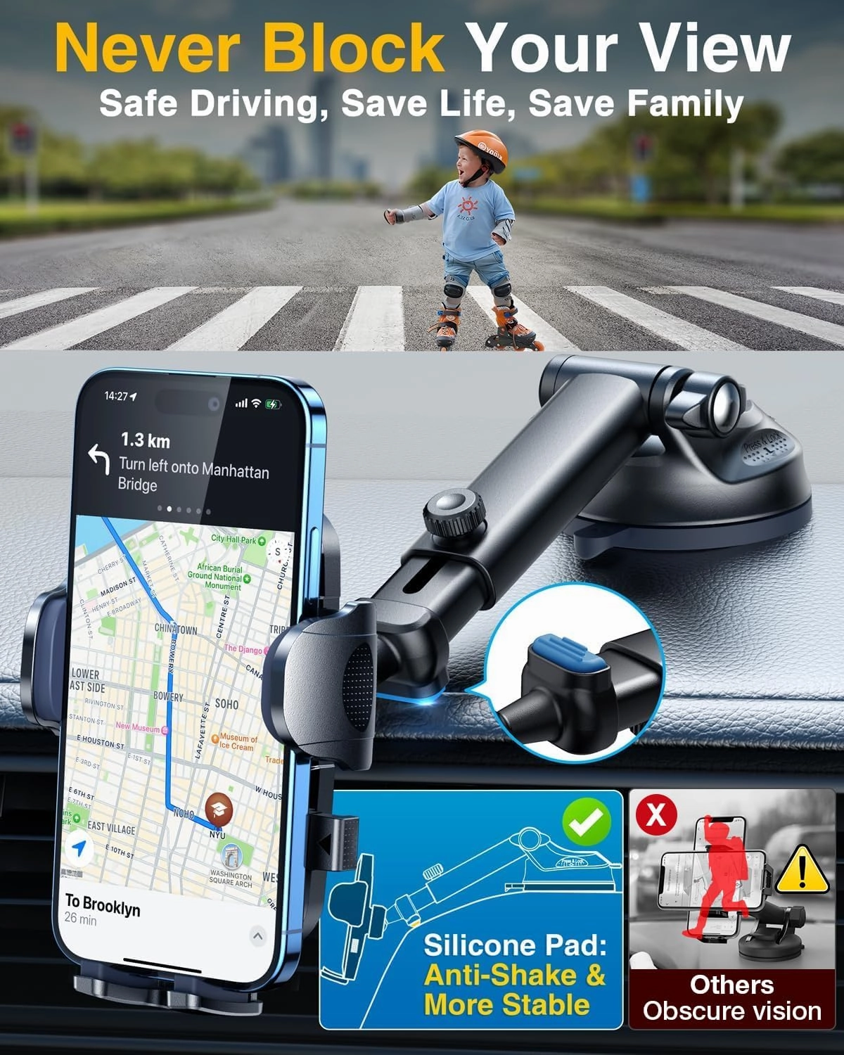 [2025 Upgrade 80LB  Strong Suction]YRU Car Phone Holder Mount,[Bumpy Road Stable]Dashboard Cell Phone Holder for Car Air Vent Windshield Phone Stand for iPhone 16 15 14 13 Pro Max Samsung Truck, Black