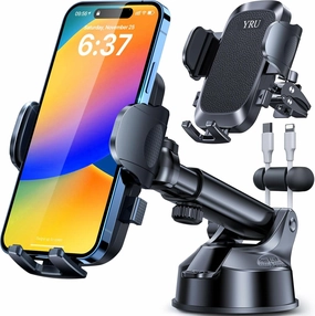 [2025 Upgrade 80LB  Strong Suction]YRU Car Phone Holder Mount,[Bumpy Road Stable]Dashboard Cell Phone Holder for Car Air Vent Windshield Phone Stand for iPhone 16 15 14 13 Pro Max Samsung Truck, Black
