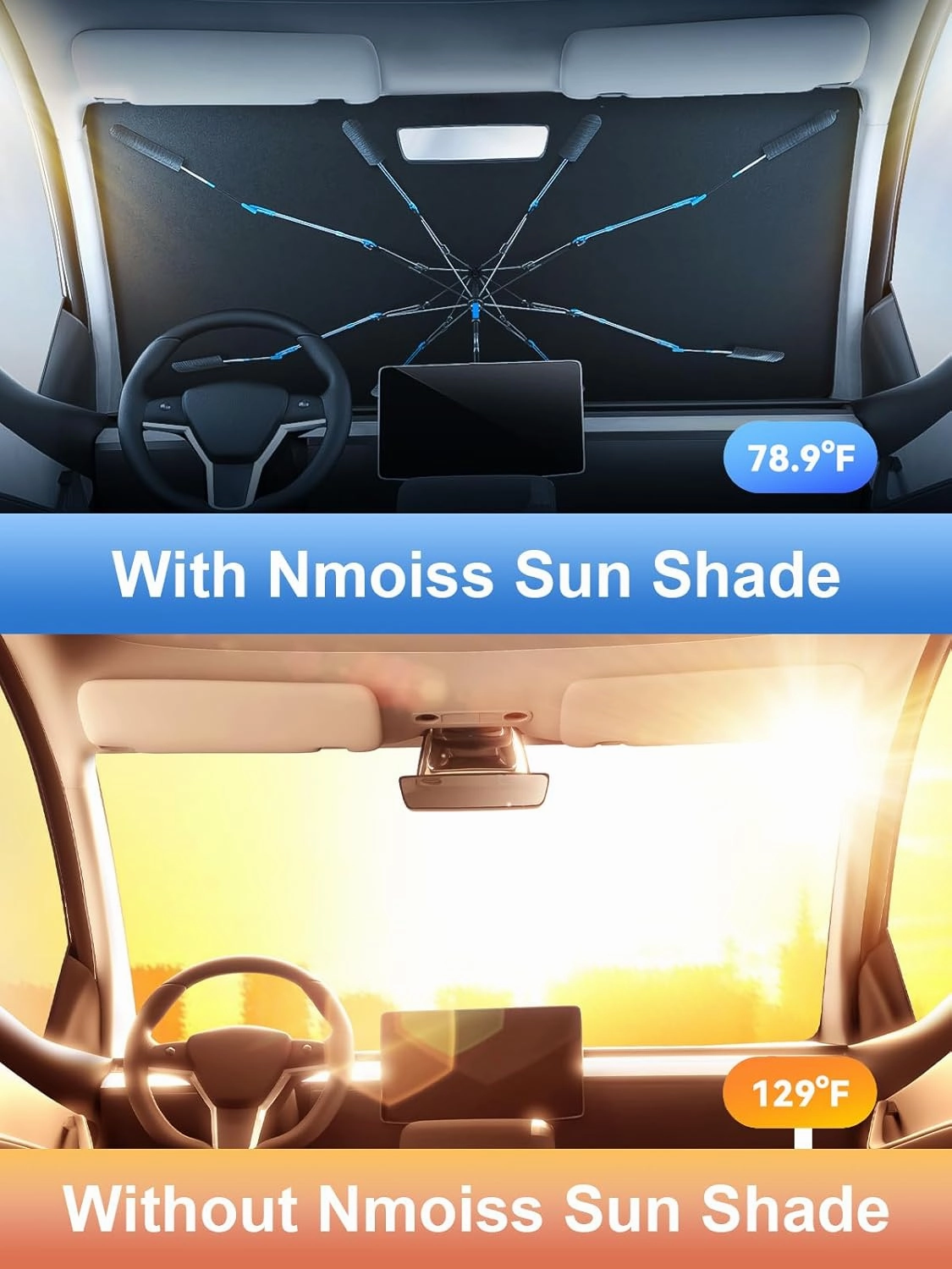 [2025 Upgraded] Nmoiss Windshield Sun Shade Umbrella [Ice Rib High Speed ​​Cooling] 99% UV Blocking Protects Car from Sun and Heat Damage, Keeps Cool and Protects Interior Medium (56" L x 31" W)