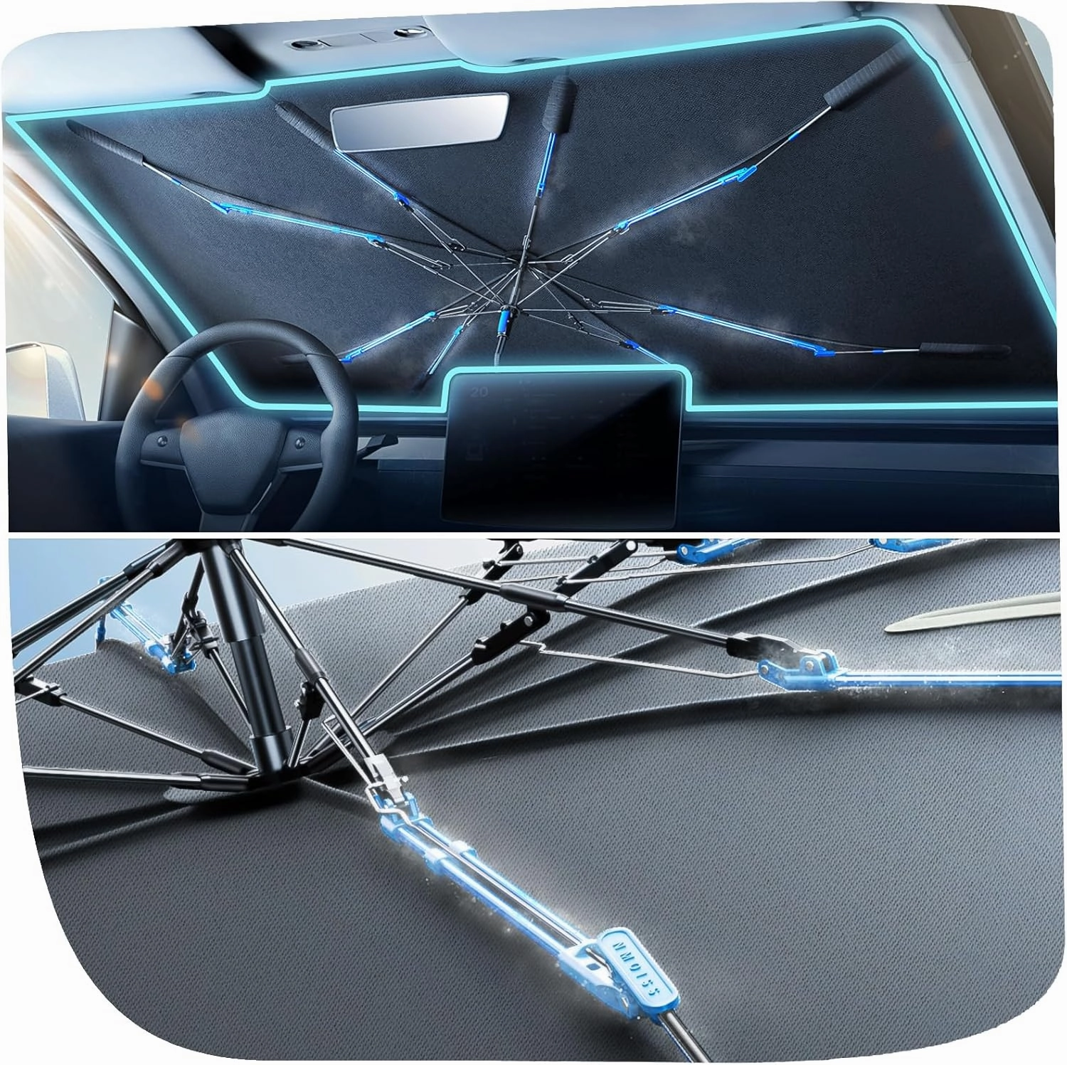 [2025 Upgraded] Nmoiss Windshield Sun Shade Umbrella [Ice Rib High Speed ​​Cooling] 99% UV Blocking Protects Car from Sun and Heat Damage, Keeps Cool and Protects Interior Medium (56" L x 31" W)