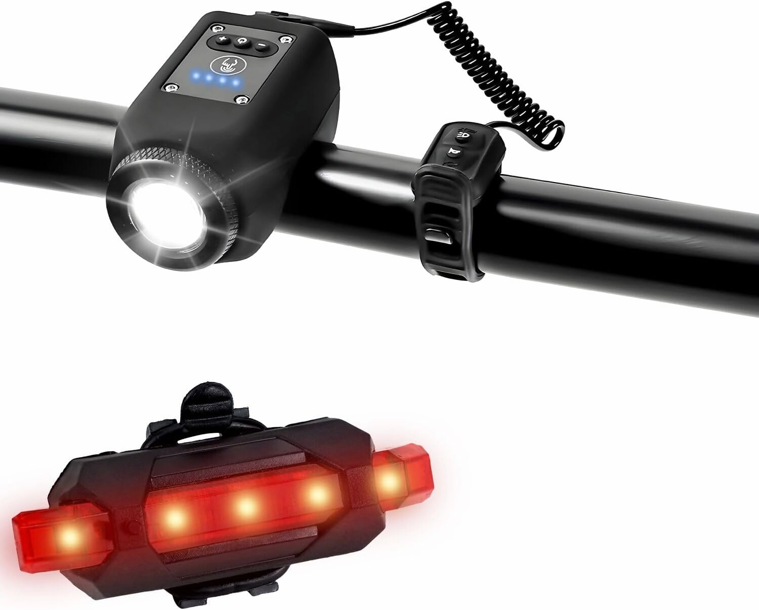 Abnaok Bike Light with Horn，USB Rechargeable Bike Light Set 120dB Powerful Bicycle Front Headlight and Back Taillight, 4 Light Modes, 6 Sound Modes，Easy to Install for Road Mountain Cycling