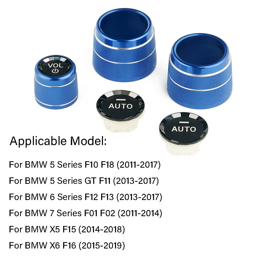 AC Air Conditioning Climate Control Button & Radio Volume Knob Switch Ring Covers Compatible with BMW 5 6 7 X5 X6 Series F10 F11 F18 F12 F13 F01 F02 F15 F16 with AUTO Button (Blue)
